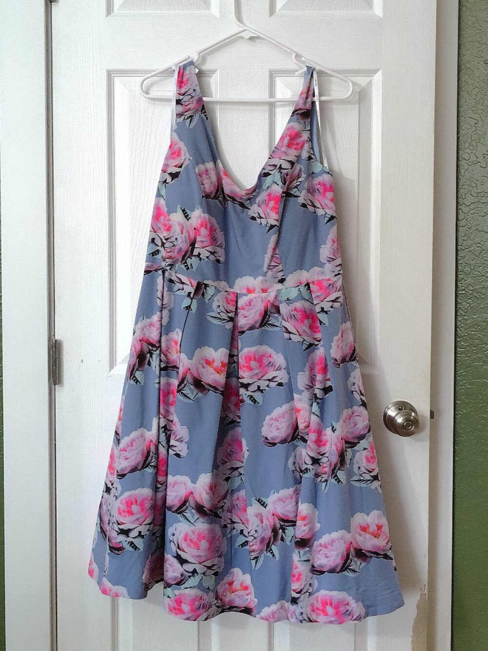 City Chic Satin Midi Dress in Light Blue with Pink Floral